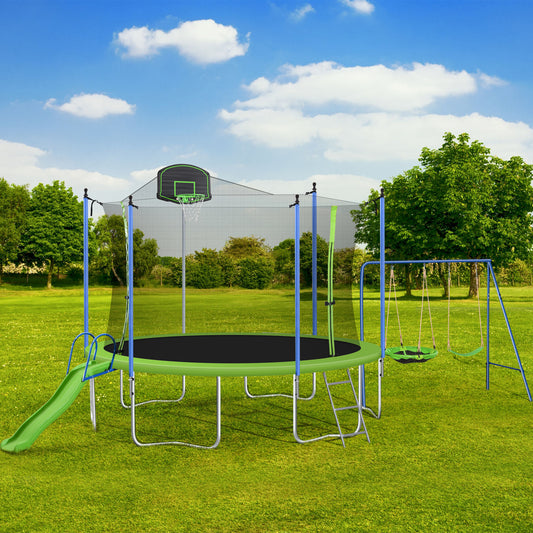 14FT TRAMPOLINE WITH SWING-METAL WITH SLIDE