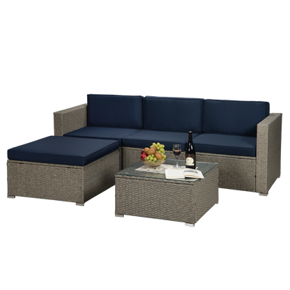 Outdoor Garden Patio Furniture 5-Piece Gray Mix Yellow PE Rattan Wicker Sectional Navy Cushioned Sofa Sets