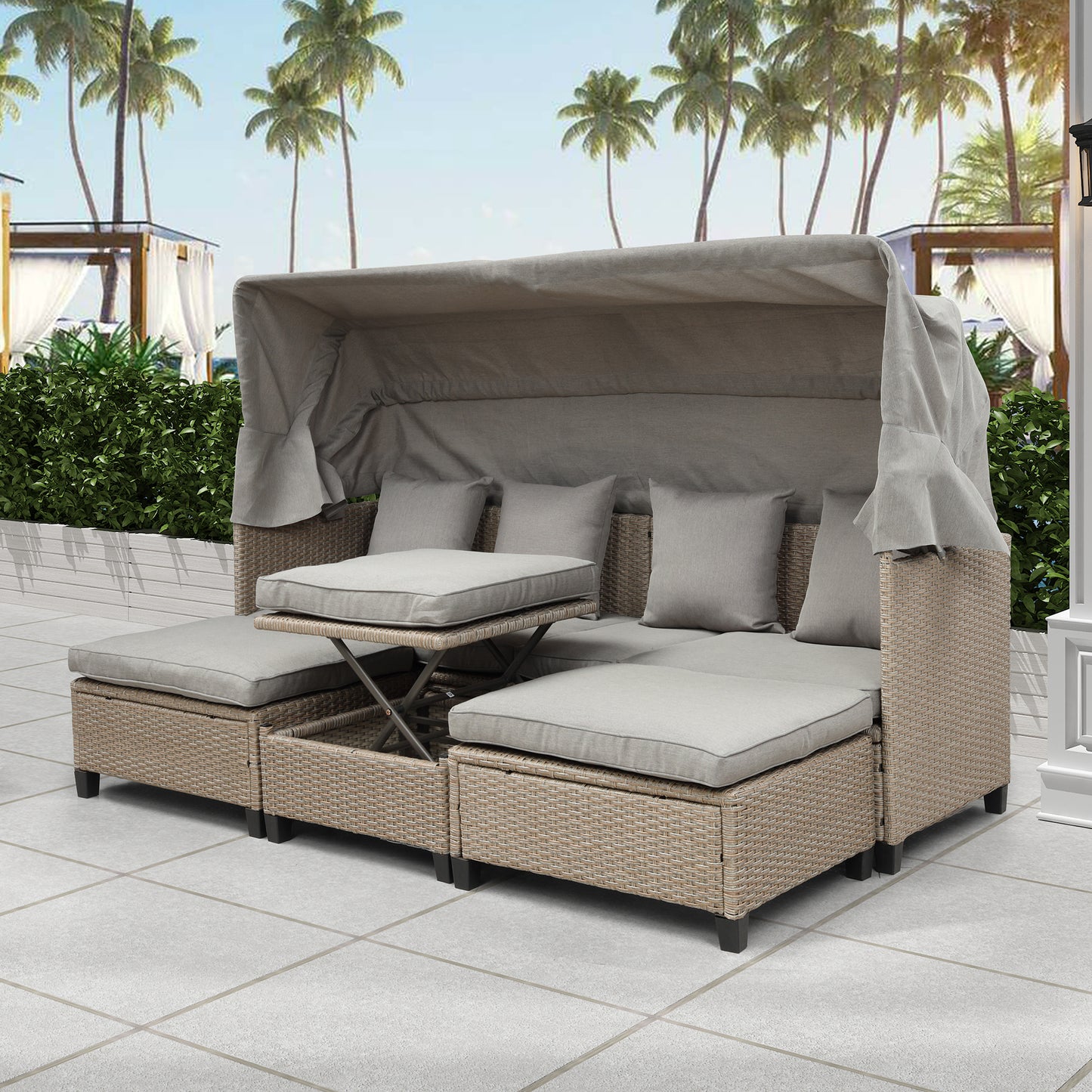 TOPMAX 4 Piece UV-Resistant Resin Wicker Patio Sofa Set with Retractable Canopy, Cushions and Lifting Table,Brown