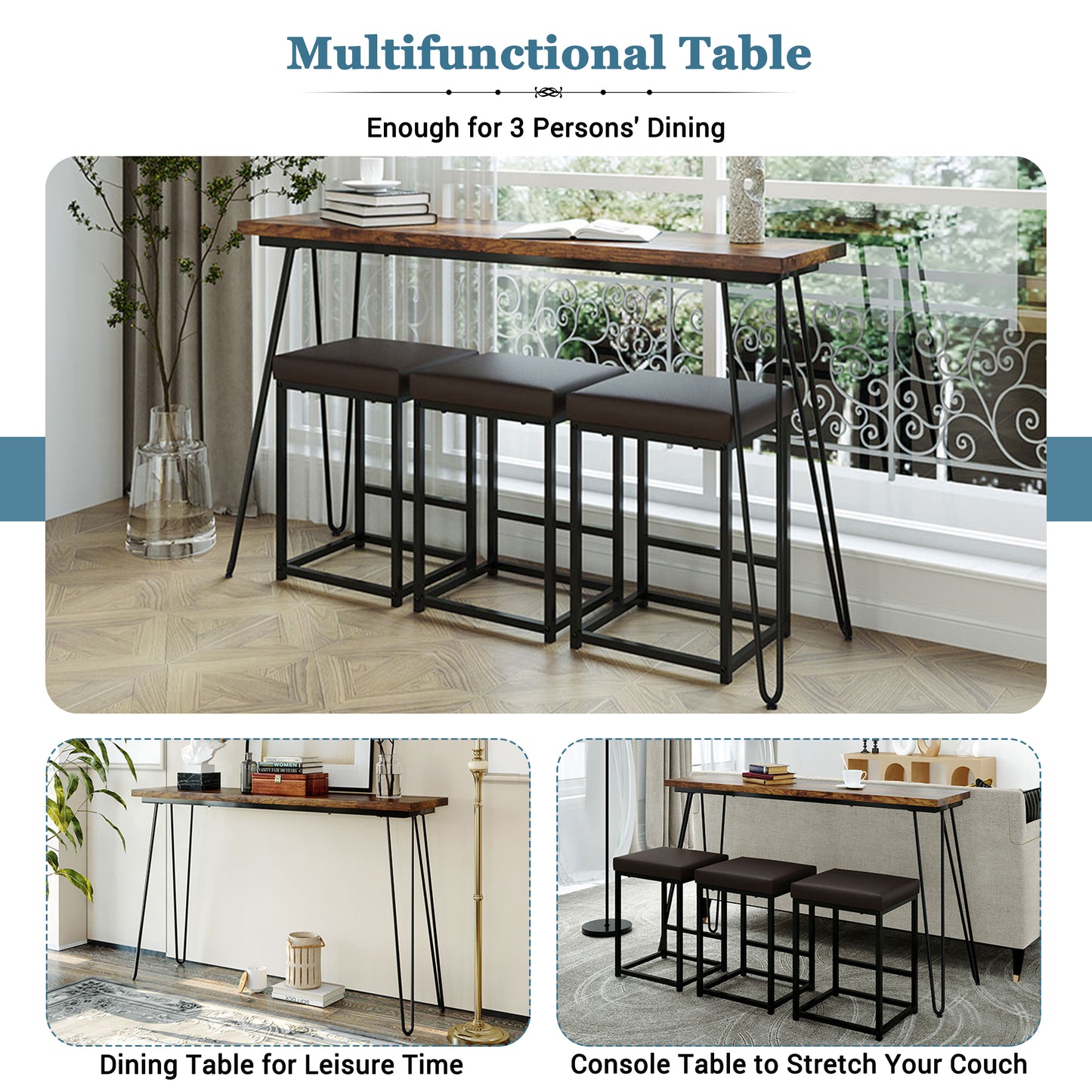 TOPMAX Updated 4 Pieces Counter Height Extra Long Dining Table Set with 3 PU Stools Bar Kitchen Table Set Console Table,Rustic Brown Table+Black Stool