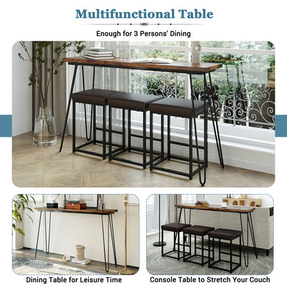 TOPMAX Updated 4 Pieces Counter Height Extra Long Dining Table Set with 3 PU Stools Bar Kitchen Table Set Console Table,Rustic Brown Table+Black Stool