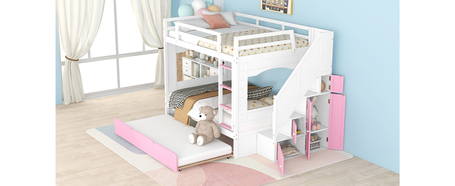 Full Over Full Bunk Bed with Trundle ,Stairs,Ladders Solid Wood Bunk bed with Storage Cabinet （White + Pink）