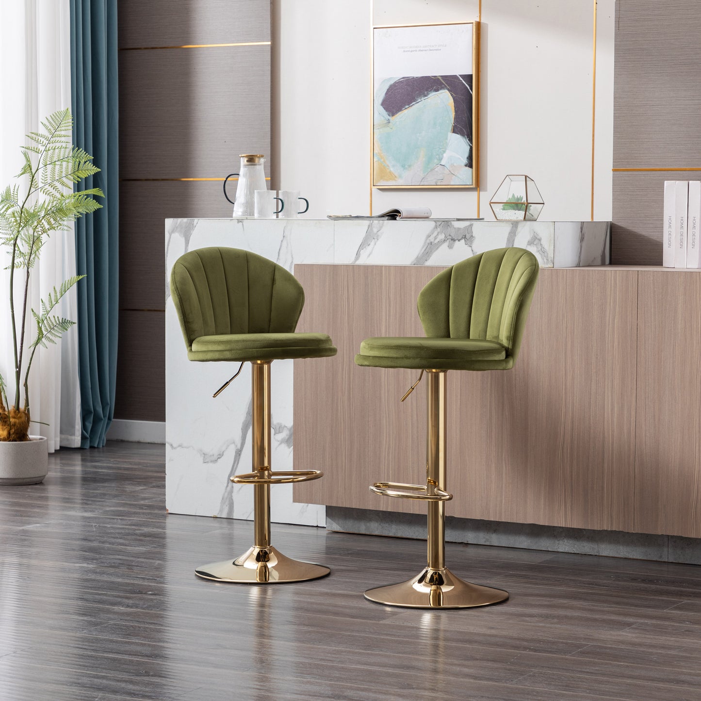 Set of 2  Bar Stools,with Chrome Footrest and Base Swivel Height Adjustable Mechanical Lifting Velvet + Golden Leg Simple Bar Stool-Light green