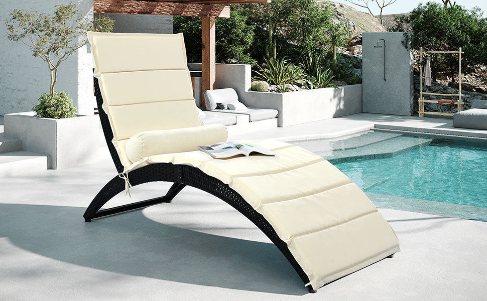 GO Patio Wicker Sun Lounger, PE Rattan Foldable Chaise Lounger with Removable Cushion and Bolster Pillow, Black Wicker and Beige Cushion