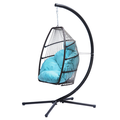 Patio Wicker folding Hanging Chair,Rattan Swing Hammock Egg Chair with C Type bracket , with cushion and pillow,for Indoor,Outdoor，Blue