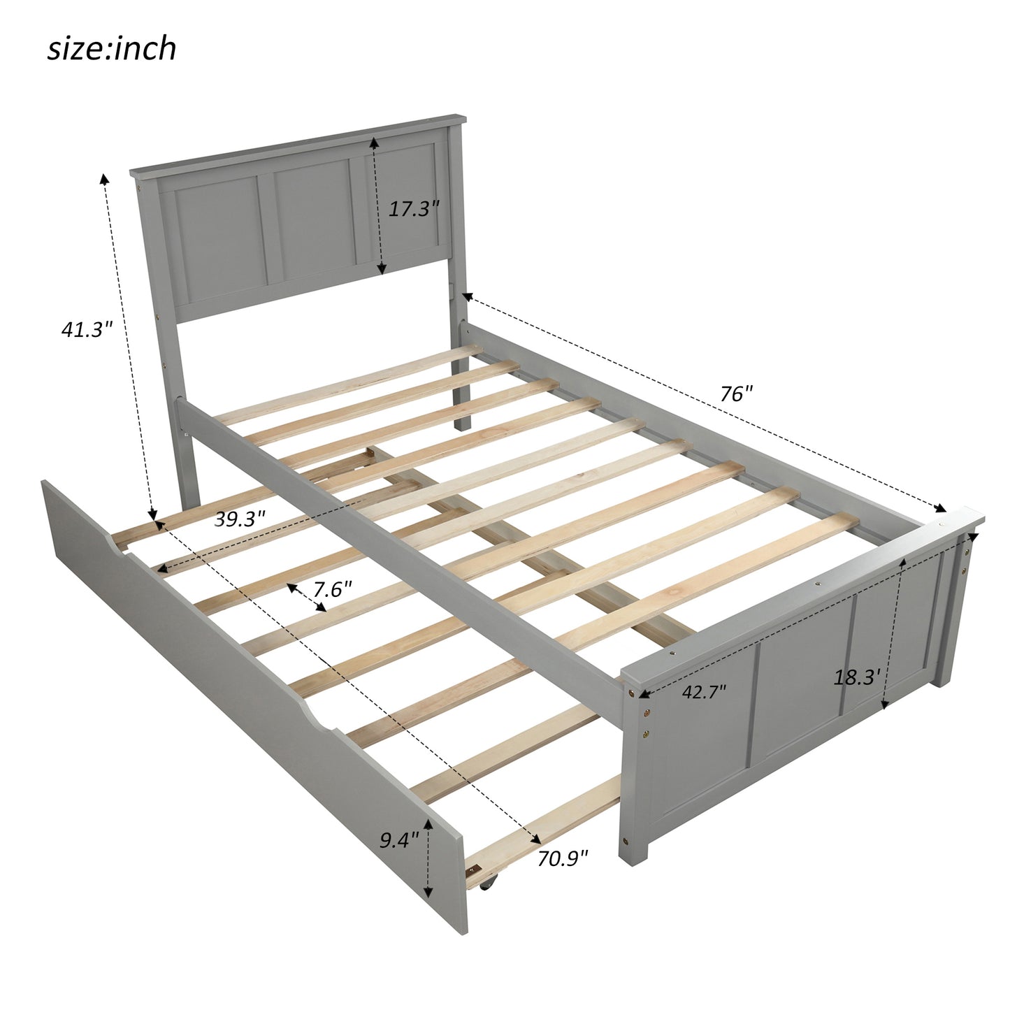 Platform Bed with Twin Size Trundle, Twin Size Frame, Gray (New)