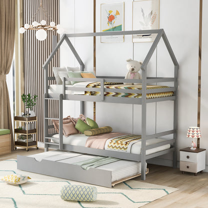 Twin over Twin House Bunk Bed with Trundle and Chimney Design,Gray