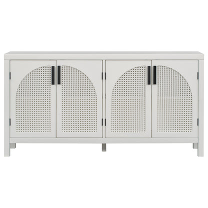 TREXM Large Storage Space Sideboard with Artificial Rattan Door and metal handles for Living Room and Entryway (White)