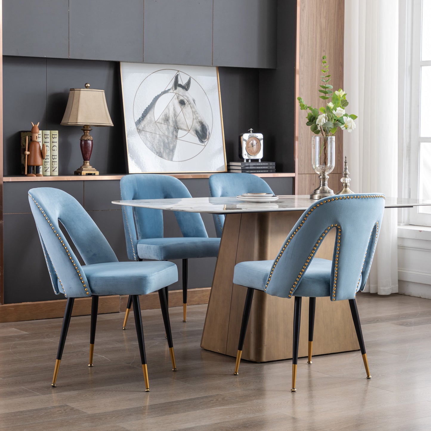 A&A Furniture,Akoya Collection Modern | Contemporary Velvet Upholstered Dining Chair with Nailheads and Gold Tipped Black Metal Legs, Light Blue，Set of 2