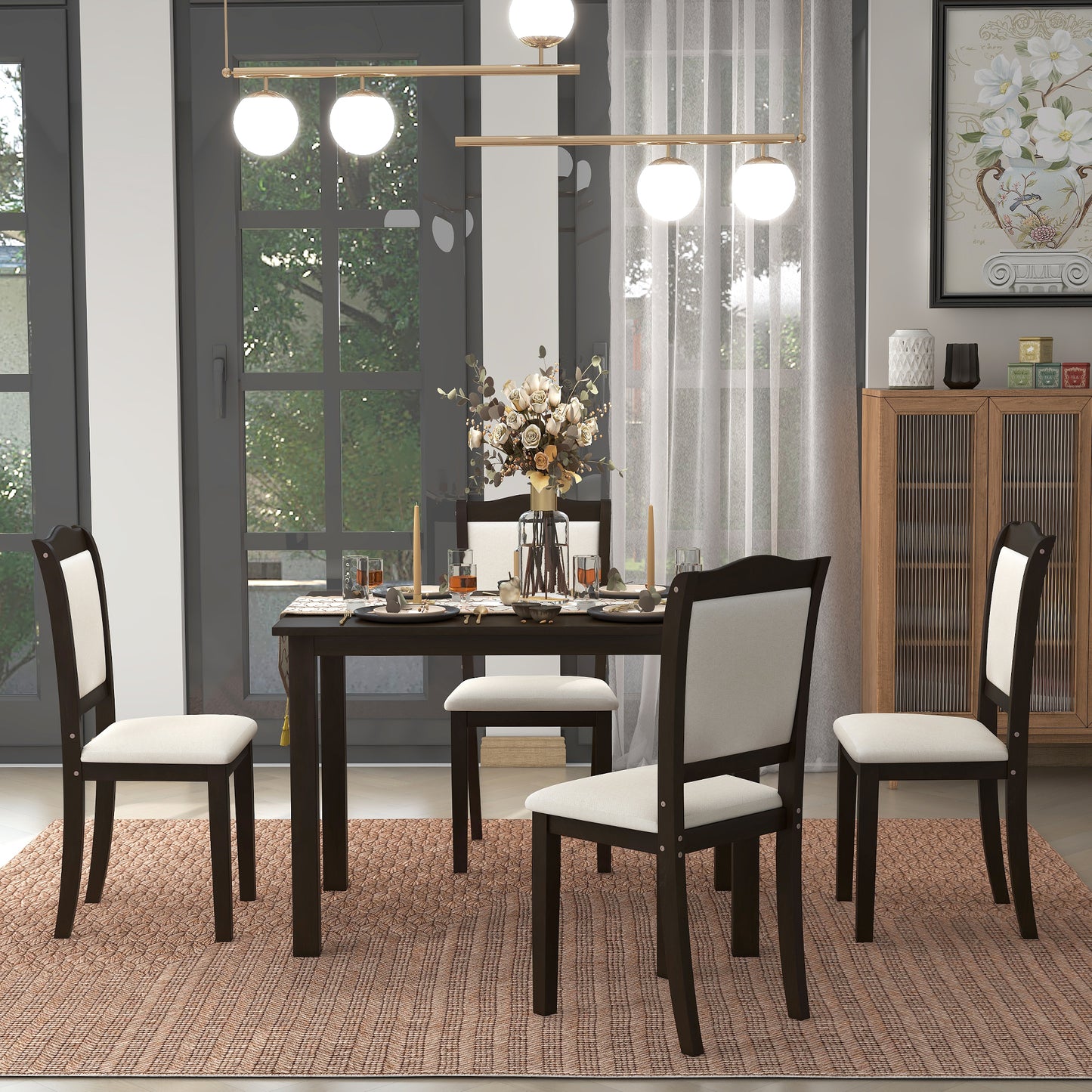 TREXM 5-Piece Wood Dining Table Set Simple Style Kitchen Dining Set Rectangular Table with Upholstered Chairs for Limited Space (Espresso)