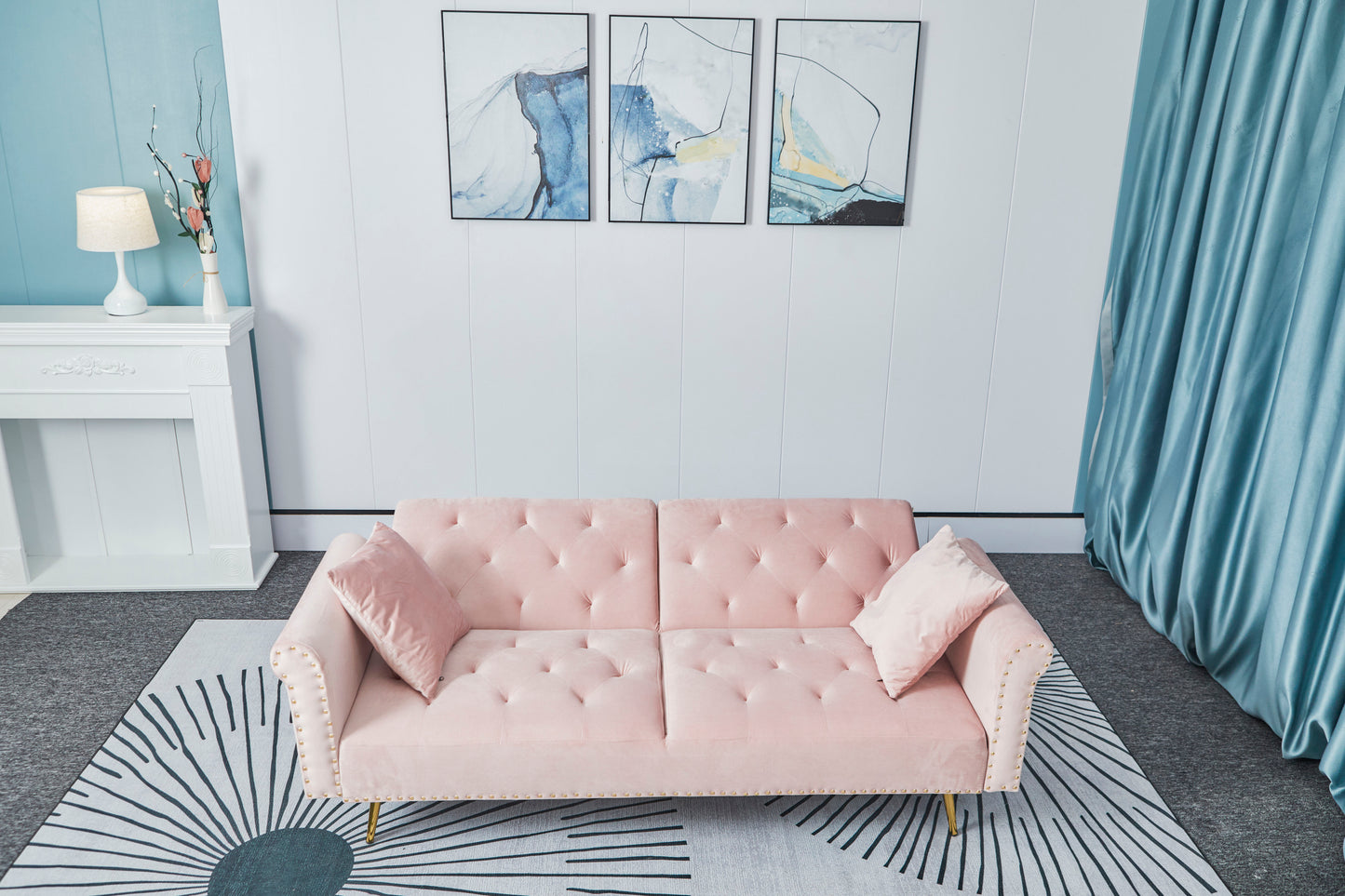 [New+Video]Pink velvet nail head sofa bed with throw pillow and midfoot