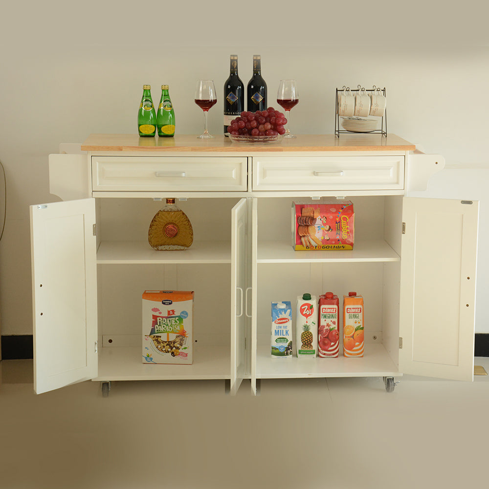 Kitchen Island & Kitchen Cart, Mobile Kitchen Island, Rubber Wood Top, Big & Adjustable Shelf Inside Cabinet for Different Utensils, Luxury Design Fits Party at Different Site.