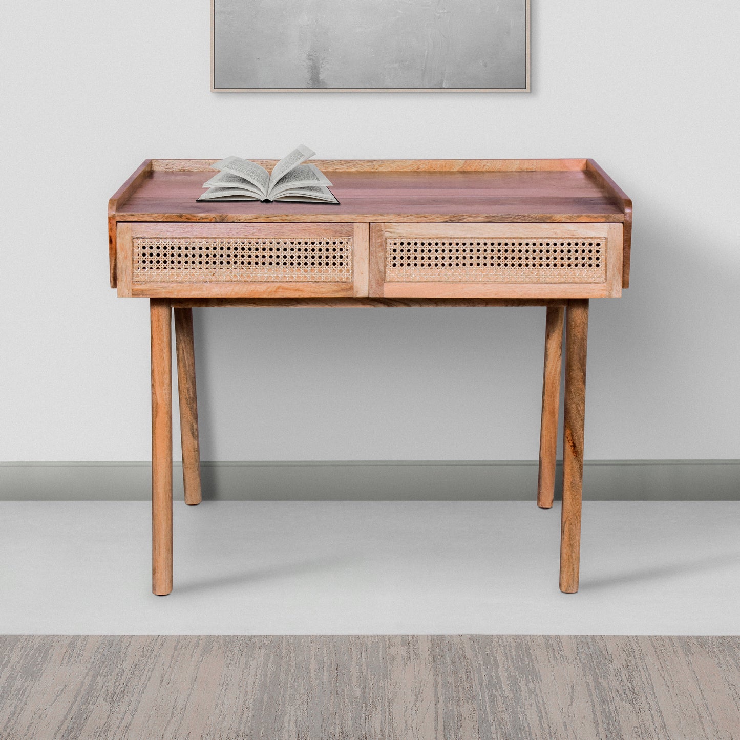 39 Inch Handcrafted Mango Wood Farmhouse Writing Desk, 2 Rattan Front Drawers, Oak Brown