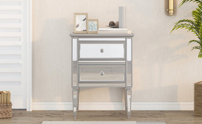 Elegant Mirrored Nightstand with 2 Drawers, Modern Silver Finished End Table Side Table for Living Room Bedroom