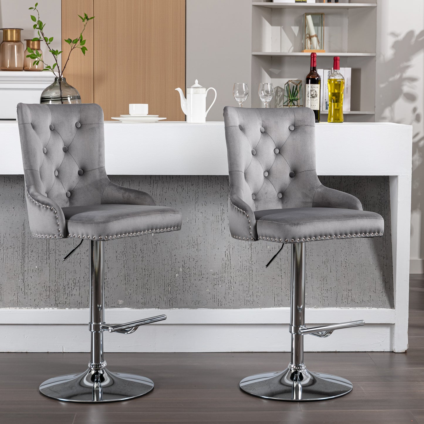 Swivel Velvet Barstools Adjusatble Seat Height , Modern Upholstered Bar Stools with Backs Comfortable Tufted for Home Pub and Kitchen Island（Gray,Set of 2）