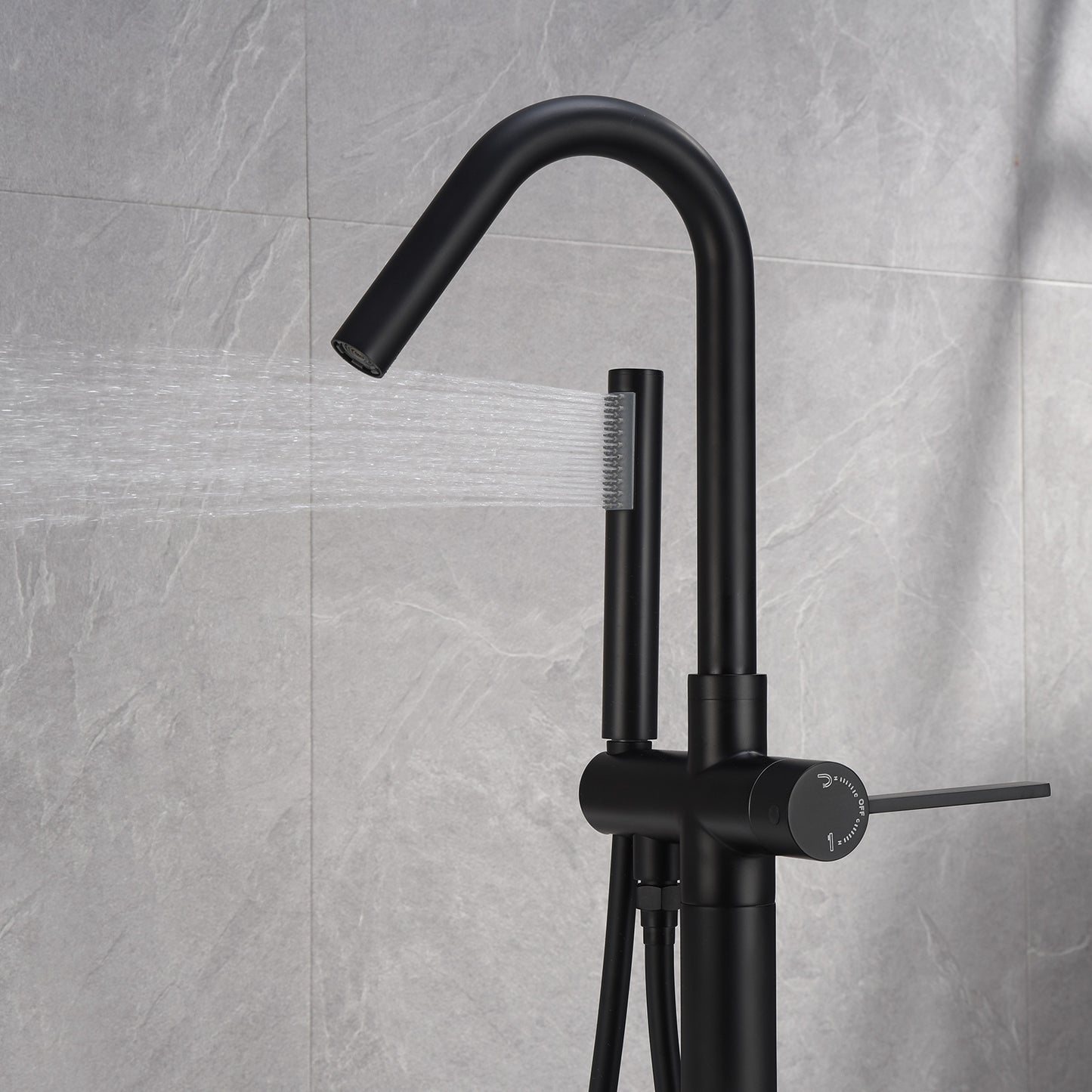 Single-Handle Freestanding Floor Mount Roman Tub Faucet Bathtub Filler with Hand Shower in Matte Black