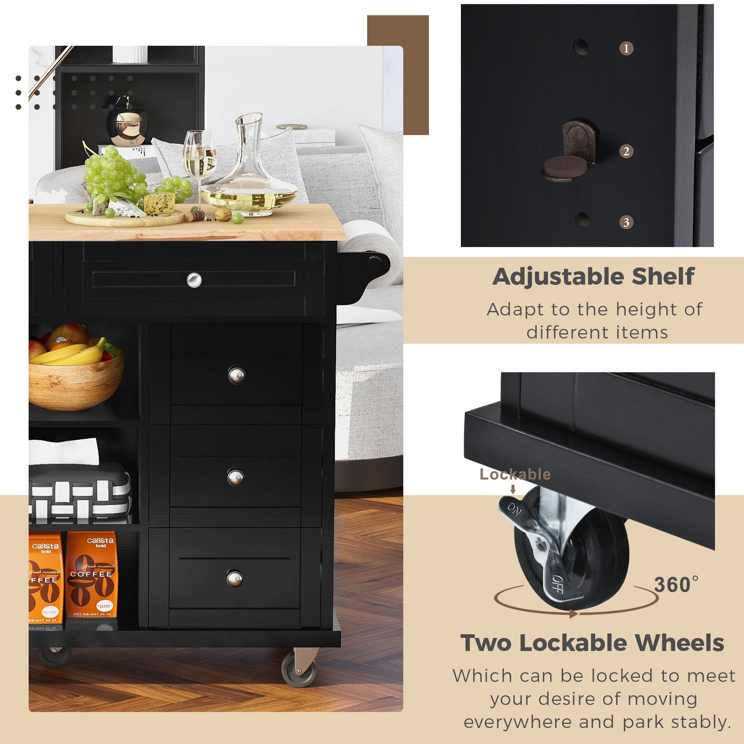 K&K kitchen cart with Rubber wood desktop rolling mobile kitchen island with storage and 5 draws 53 Inch width （Black）