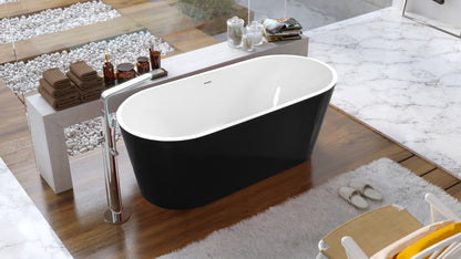 59" 100% Black Acrylic Freestanding Bathtub Contemporary Soaking Tub with Brushed Nickel Overflow and Drain