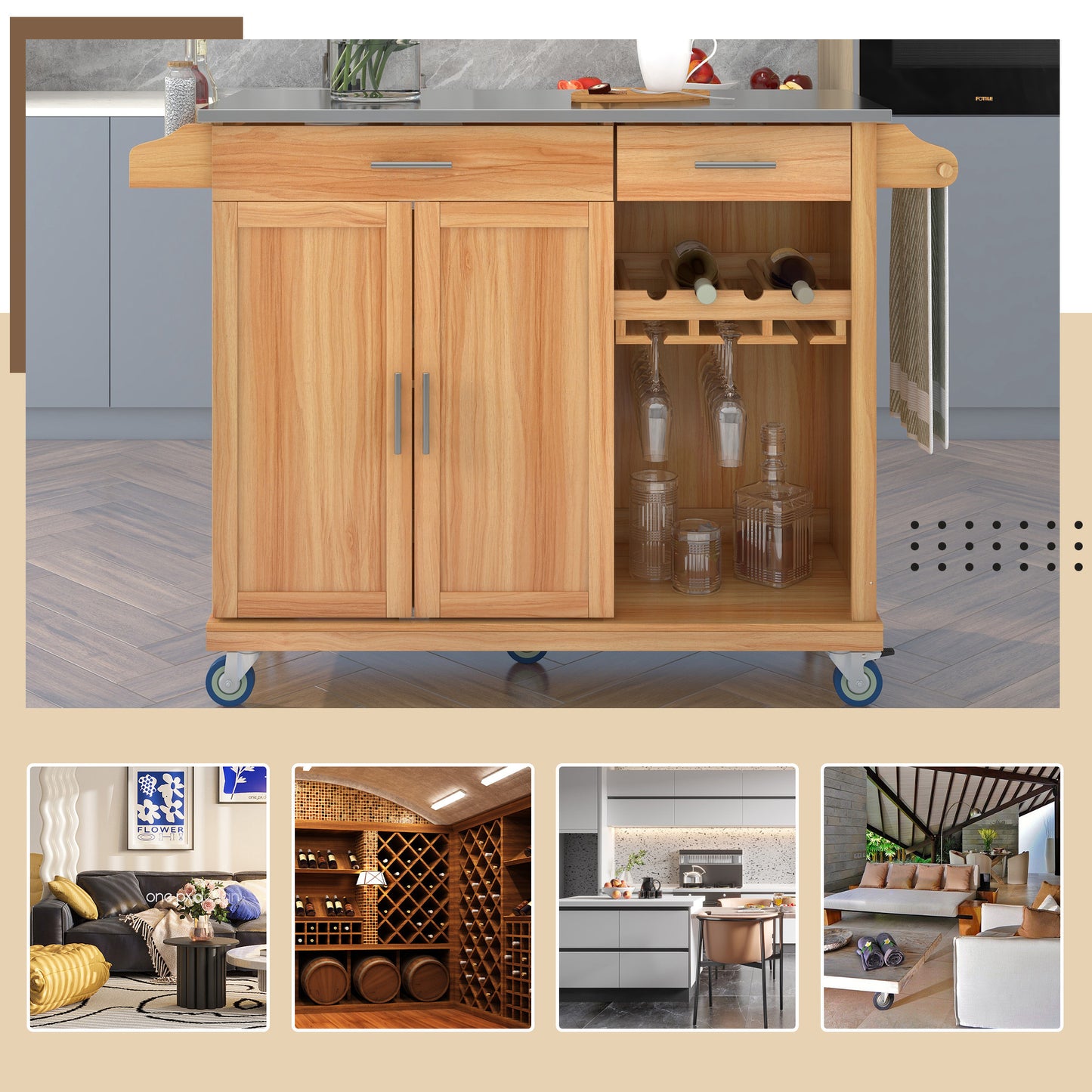 K&K Kitchen Cart with Stainless Steel Top and Storage Cabinet, Kitchen Island on Wheels with Two Drawers & Goblet Holder & Wine Rack & Spice Rack & Towel Holder, L51xW18xH37 Inches