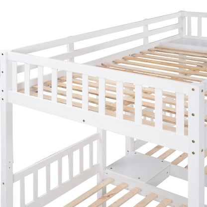 Full Over Twin & Twin Bunk Bed, Wood Triple Bunk Bed with Drawers and Guardrails  (White) （OLD SKU:LP000143AAK）