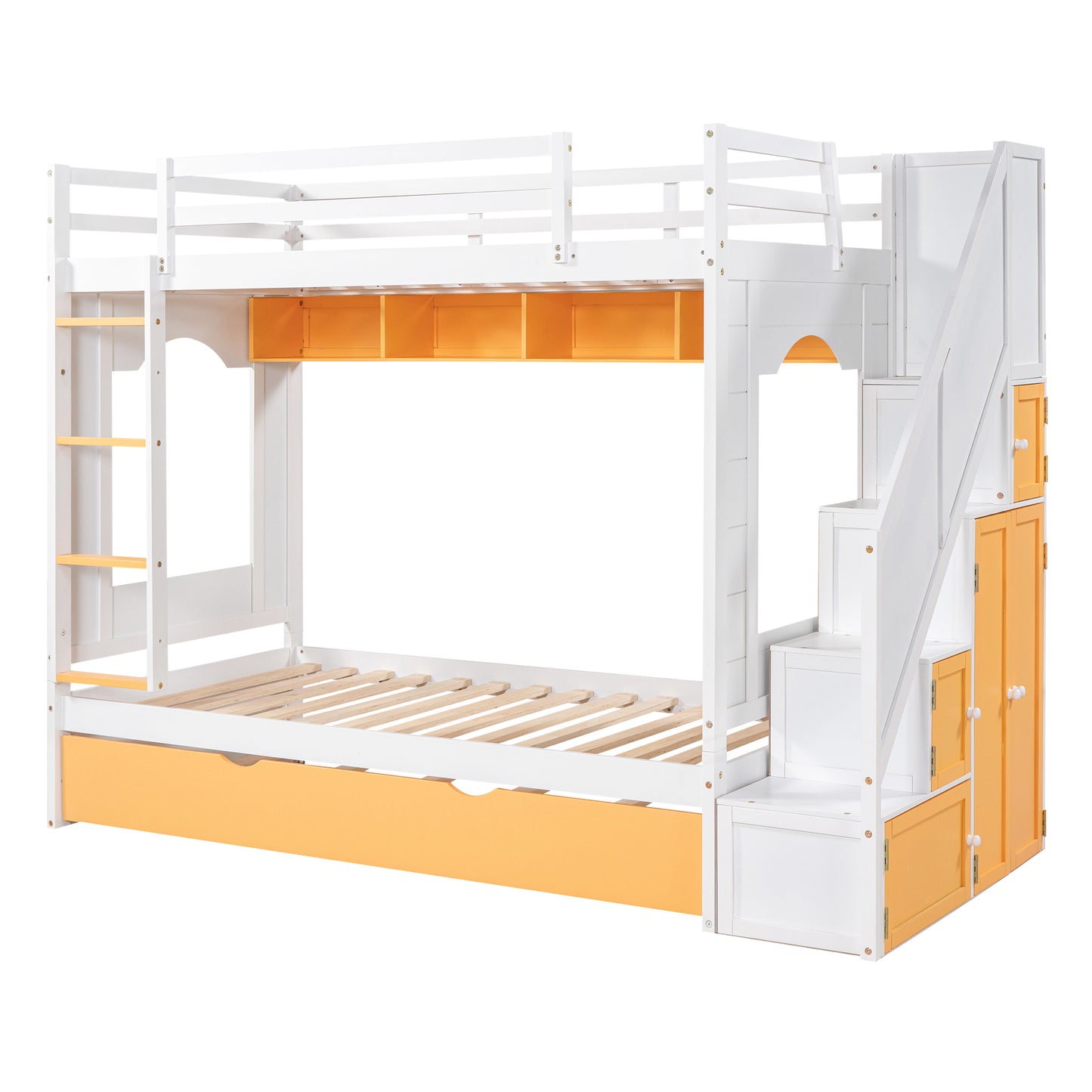 Twin Over Twin Bunk Bed with Trundle ,Stairs,Ladders Solid Wood Bunk bed with Storage Cabinet （White + Yellow）