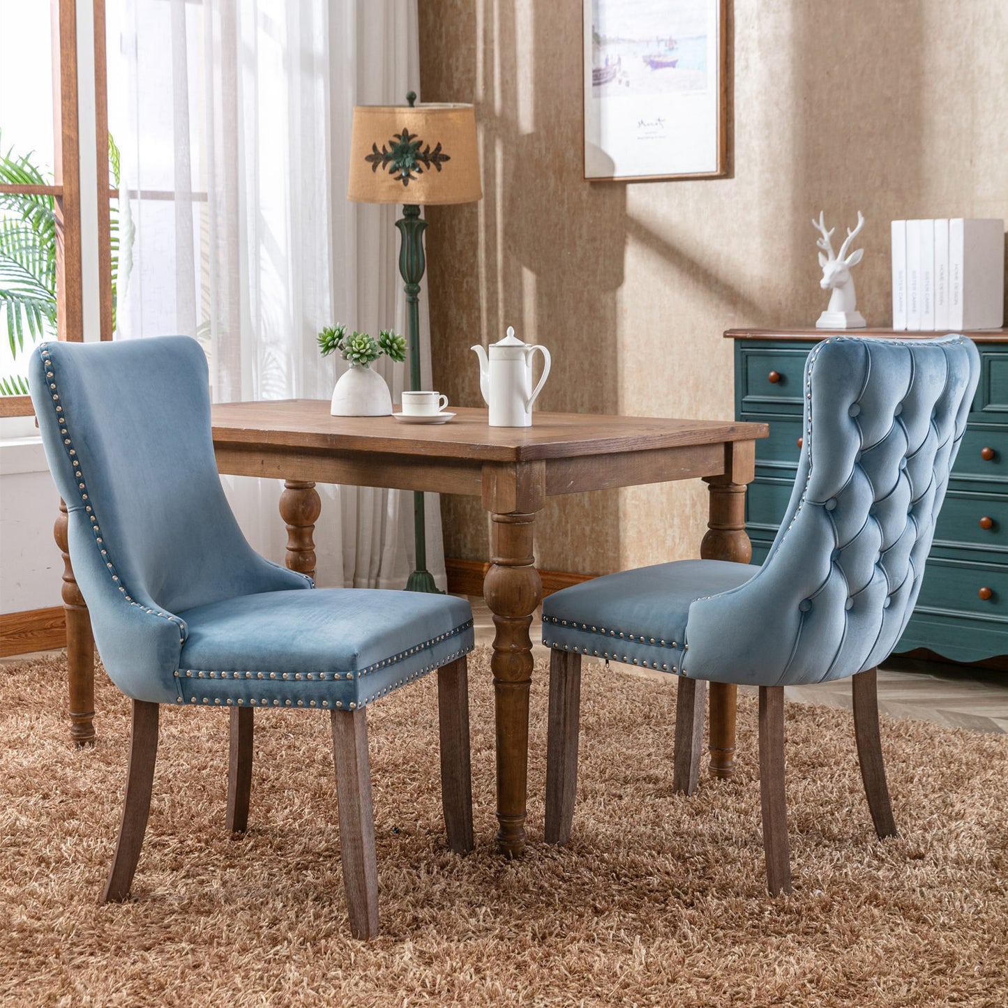 A&A Furniture,Upholstered Wing-Back Dining Chair with Backstitching Nailhead Trim and Solid Wood Legs,Set of 2, Light Blue,8809LB, KD