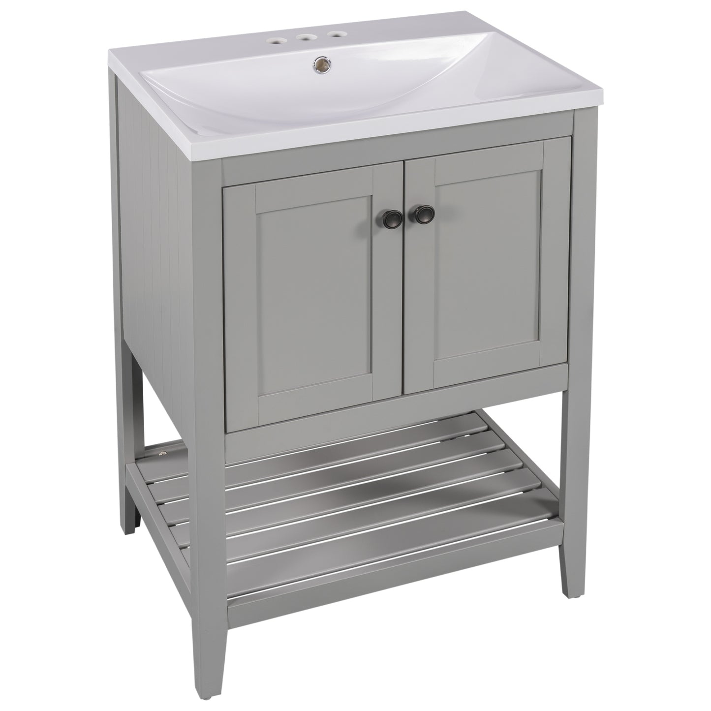 [VIDEO] 24" Grey Modern Sleek Bathroom Vanity Elegant Ceramic Sink with Solid Wood Frame Open Style Shelf (OLD SKU: JL000001AAE)