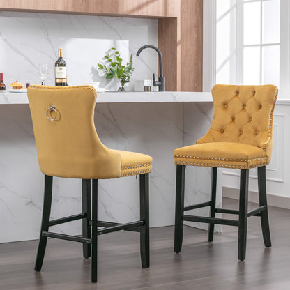 A&A Furniture,Contemporary Velvet Upholstered Barstools with Button Tufted Decoration and Wooden Legs, and Chrome Nailhead Trim, Leisure Style Bar Chairs,Bar stools, Set of 2 (Gold) 1902GL