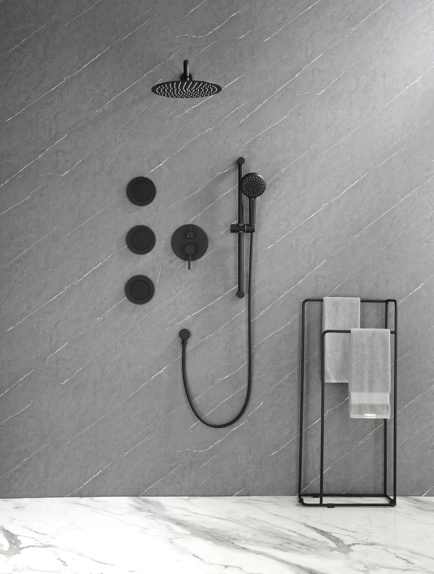 Shower System with Shower Head, Hand Shower, Slide Bar, Bodysprays, Shower Arm, Hose, Valve Trim, and Lever Handles