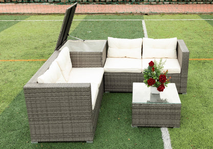 4 Piece Patio Sectional Wicker Rattan Outdoor Furniture Sofa Set with Storage Box - Creme