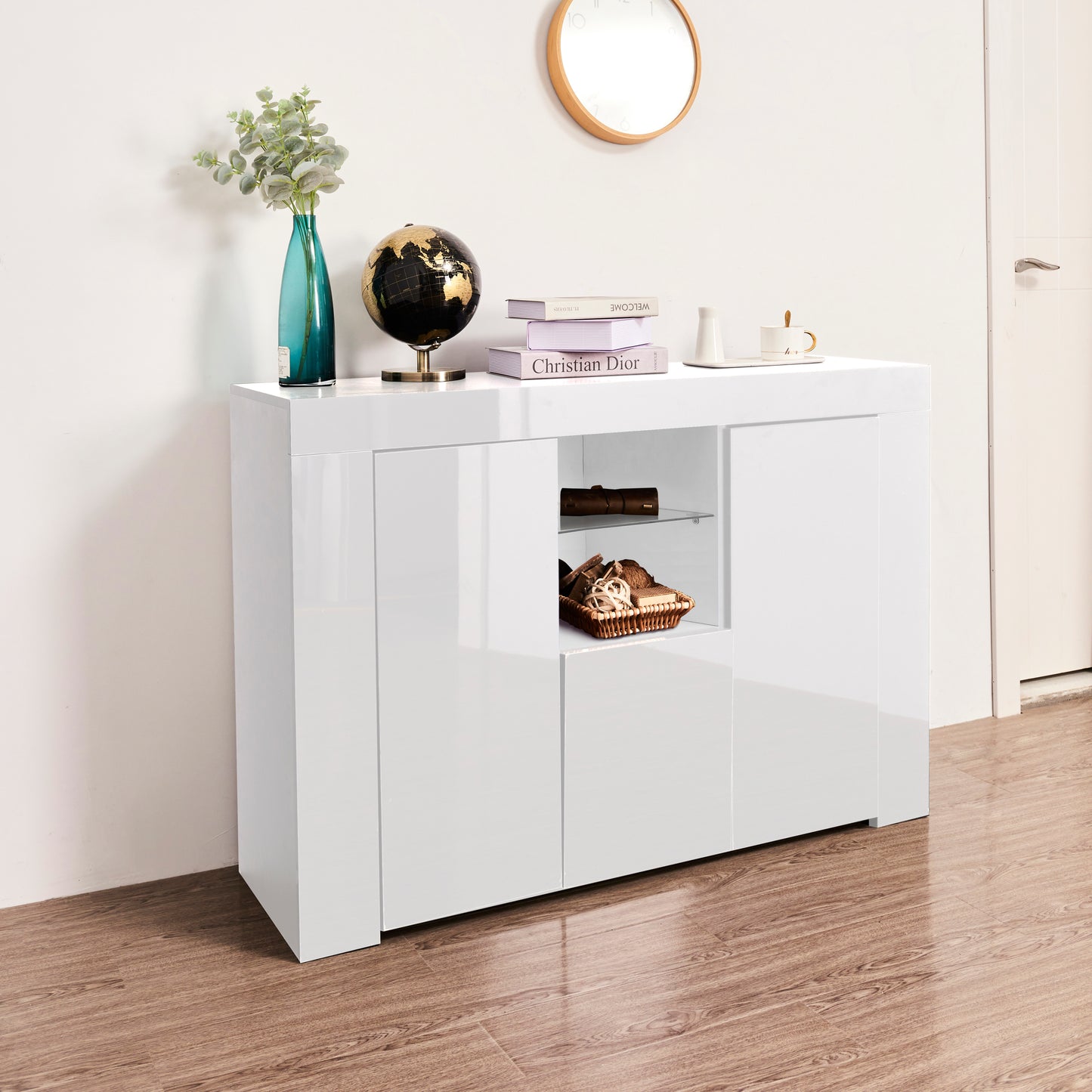 Kitchen Sideboard Cupboard with LED Light, White High Gloss Dining Room Buffet Storage Cabinet Hallway Living Room TV Stand Unit Display Cabinet with Drawer and 2 Doors