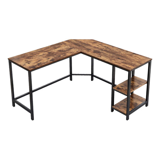 L Shape Wood and Metal Frame Computer Desk with 2 Shelves, Brown and Black