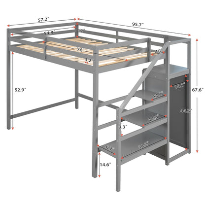 Full Size Loft Bed with Built-in Storage Wardrobe and Staircase,Gray