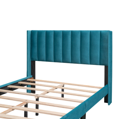 Full Size Storage Bed Velvet Upholstered Platform Bed with a Big Drawer - Blue