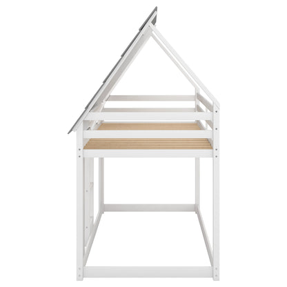 House Bunk Bed with Roof and Built-in Ladder,White(OLD SKU:GX000517AAK)