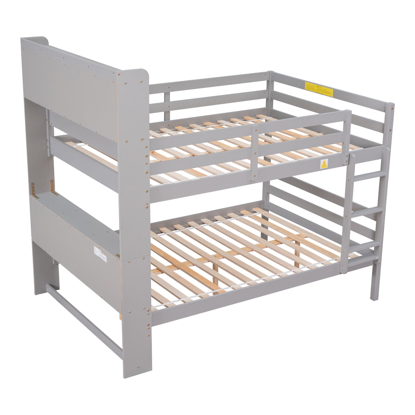 Full Over Full Bunk Beds with Bookcase Headboard, Solid Wood Bed Frame with Safety Rail and Ladder, Kids/Teens Bedroom, Guest Room Furniture, Can Be converted into 2 Beds, Grey