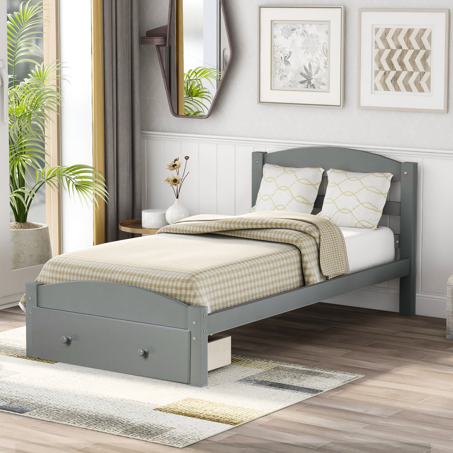 Platform Twin Bed Frame with Storage Drawer and Wood Slat Support No Box Spring Needed, Gray