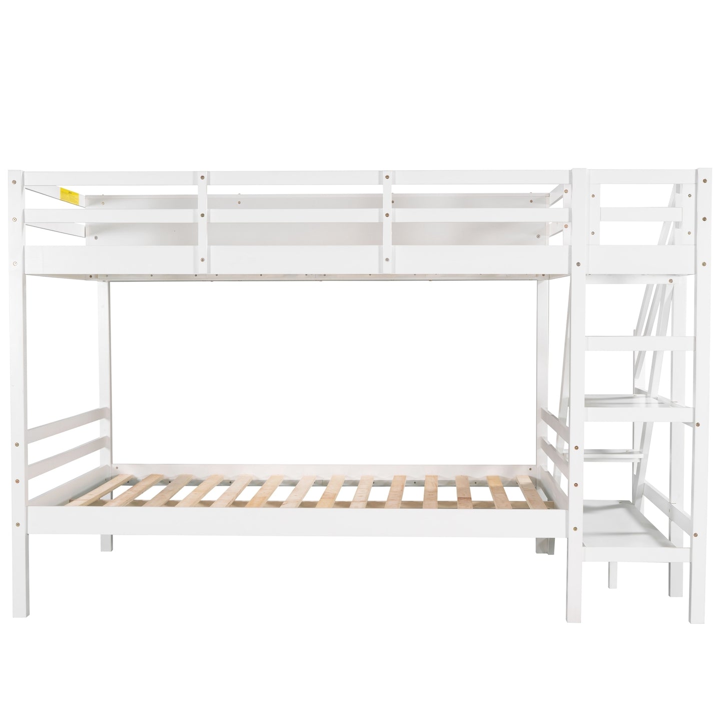 Twin over Full Bunk Bed with Staircase and Built-in Storage Cabinets,White