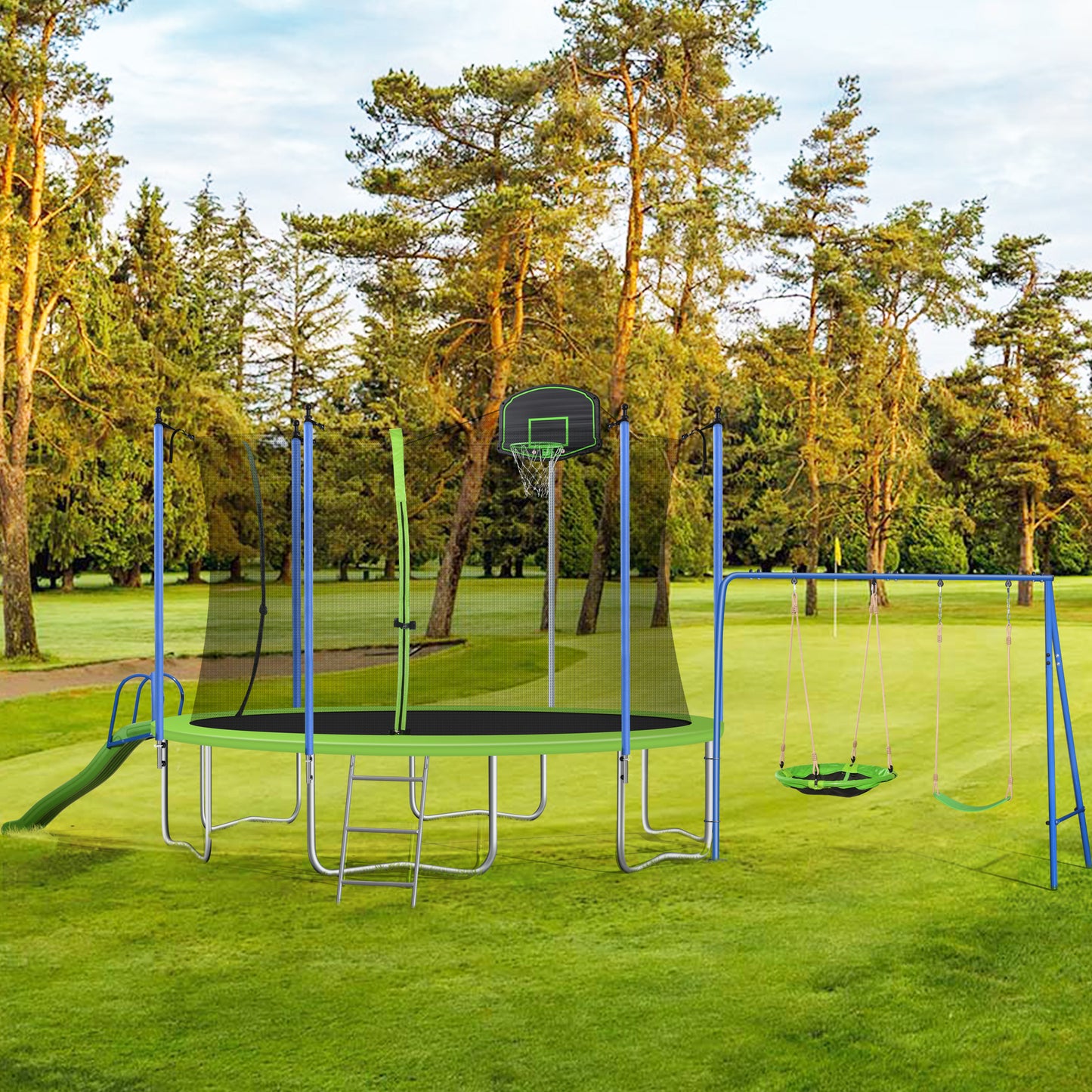 14FT TRAMPOLINE WITH SWING-METAL WITH SLIDE