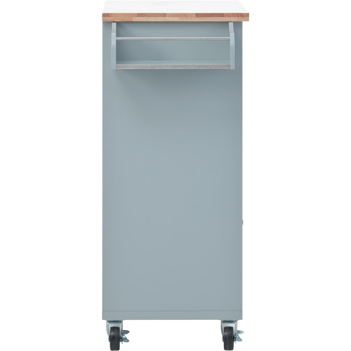 K&K Store Kitchen Cart on 4 Wheels with 2 Drawers and 3 Open Shelves, Kitchen Island with Rubber Wood top for Dinning Room, Grey Blue