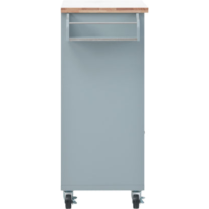 K&K Store Kitchen Cart on 4 Wheels with 2 Drawers and 3 Open Shelves, Kitchen Island with Rubber Wood top for Dinning Room, Grey Blue