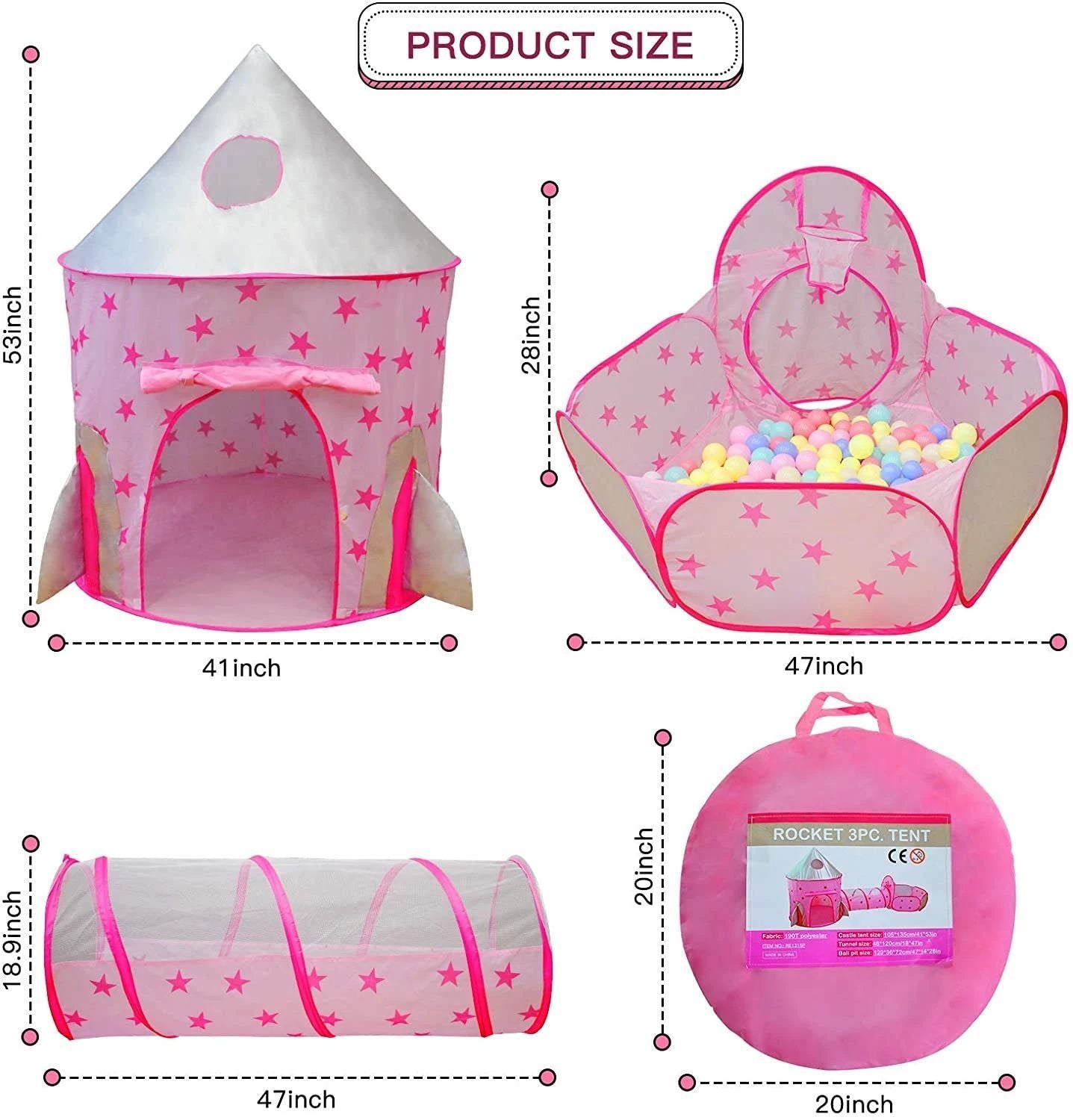 3 in 1 Rocket Ship Play Tent - Indoor/Outdoor Playhouse Set for Babies,Toddleers, Pink