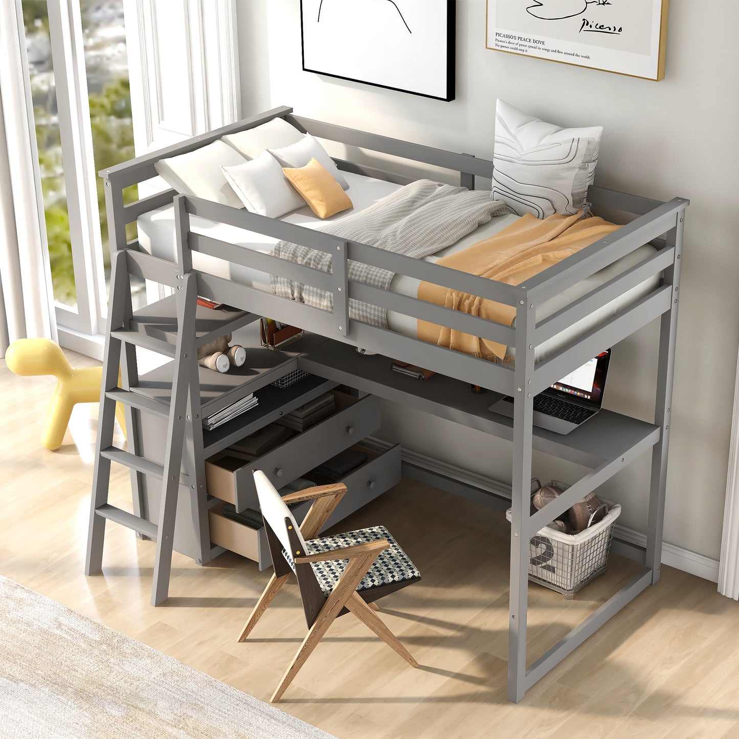 Twin Size Loft Bed with Desk and Shelves, Two Built-in Drawers, Gray(old SKU: GX000803AAE-1）