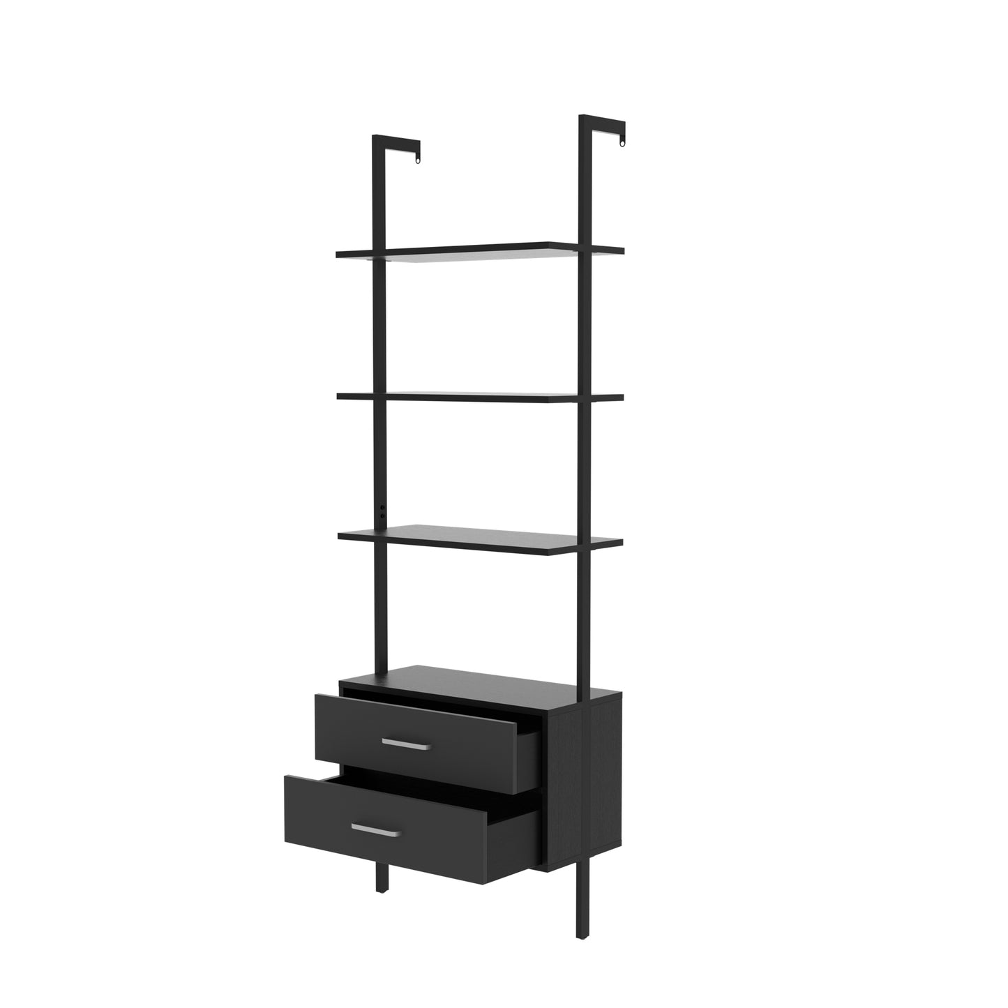 Vertical open space shelf with 2 drawers, Ladder bookcase,Modern storage rack shelves, office bookshelf(black+gray),provides storage for artwork, decorative figurines, and potted plants