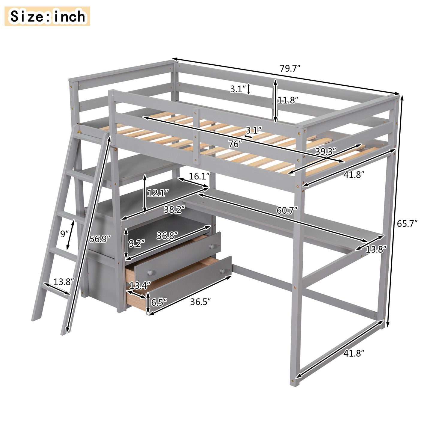 Twin Size Loft Bed with Desk and Shelves, Two Built-in Drawers, Gray(old SKU: GX000803AAE-1）