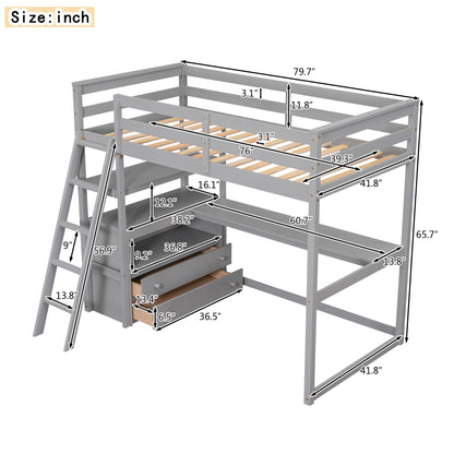 Twin Size Loft Bed with Desk and Shelves, Two Built-in Drawers, Gray(old SKU: GX000803AAE-1）