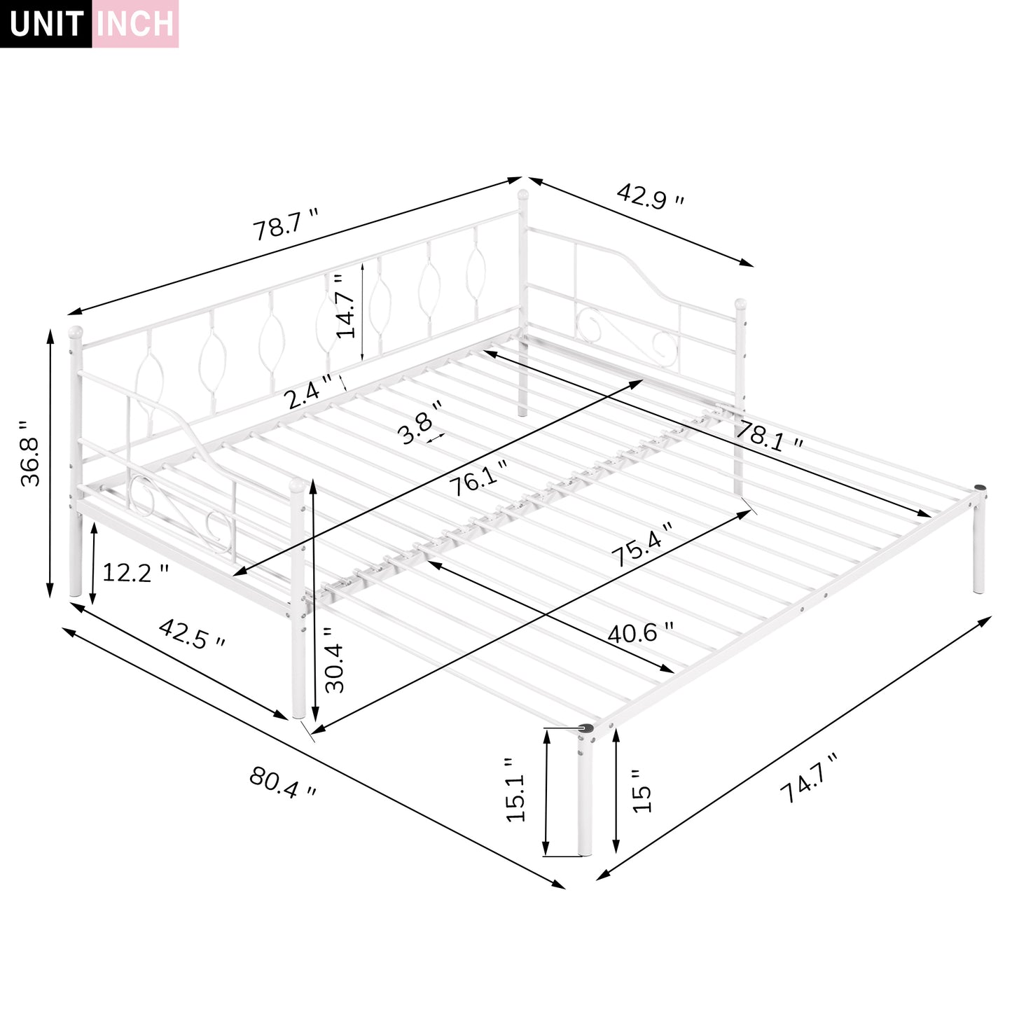 Twin Size Metal Daybed with Trundle, Daybed with Slat No Box required White