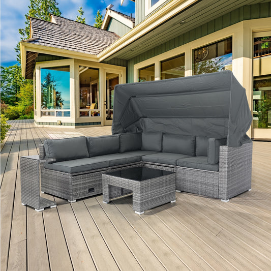 7-Piece Patio Furniture Set w/Retractable Canopy Wicker Rattan Sectional Sofa Set Patio Furniture with Washable Cushions for Lawn, Garden, Backyard, Poolside