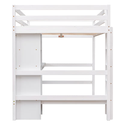 Full Size Loft Bed with Multifunction Shelves and Under-bed Desk, White