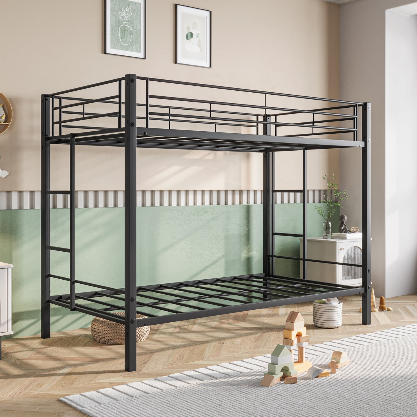 Metal Bunk Bed Twin-Over-Twin No Box Spring Needed Black